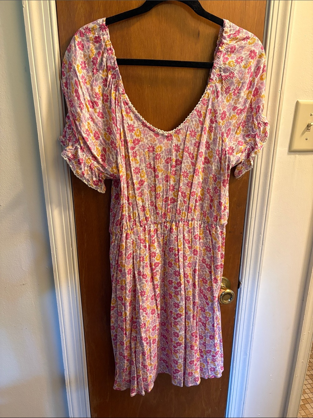 French Grey Pink Floral Scoop-Neck Mini Dress